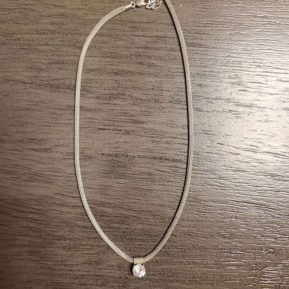 Sterling Silver Mesh Chain White CZ Pendant Necklace 925 8.9g 18 Inches Long